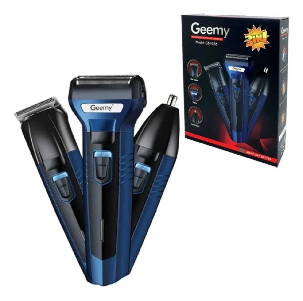 Máquina de afeitar 3 en 1 Geemy GM-566 con cabezales de afeitadora, cortadora y recortadora de nariz/orejas, azul