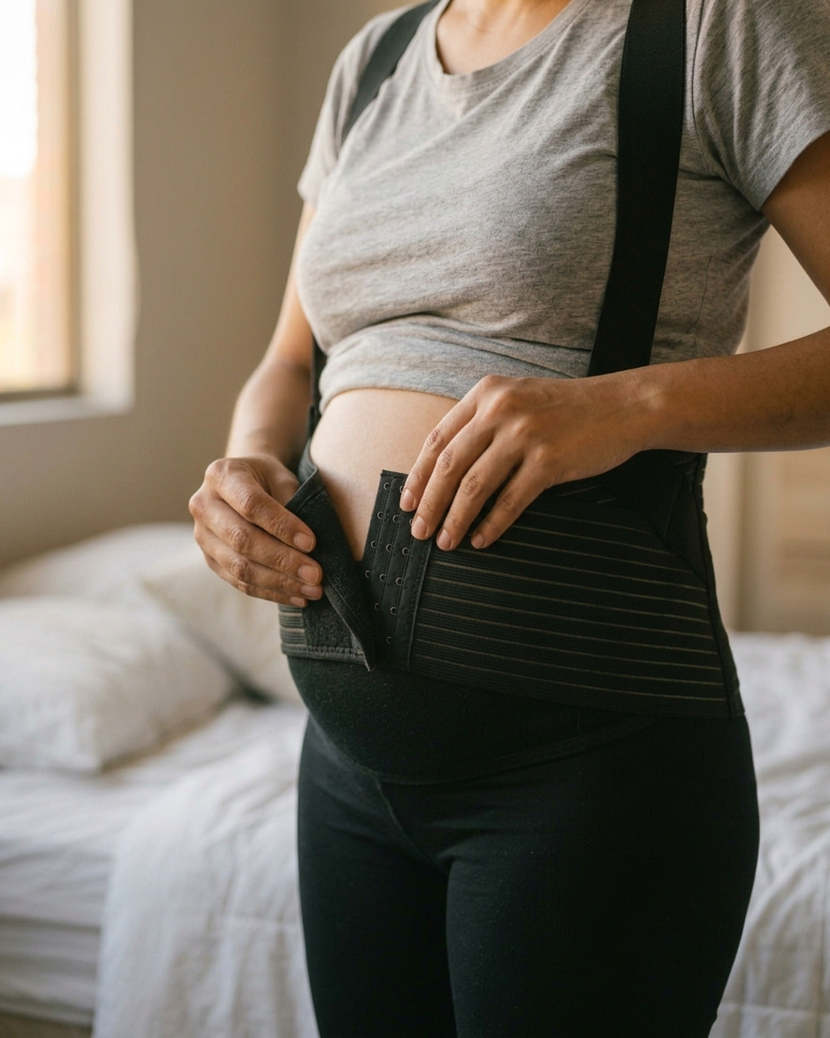 Detalle de la banda abdominal graduable de la faja de embarazo Sinué
